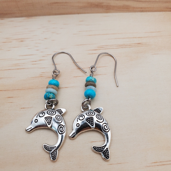 Silver Dolphin Earrings with Turquoise Accents - Picture 2 of 3